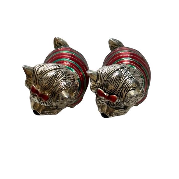 Yorkie Dogs Silver Metal Salt Pepper Shakers Green Red Enamel Sweaters Yorkshire - Picture 5 of 10